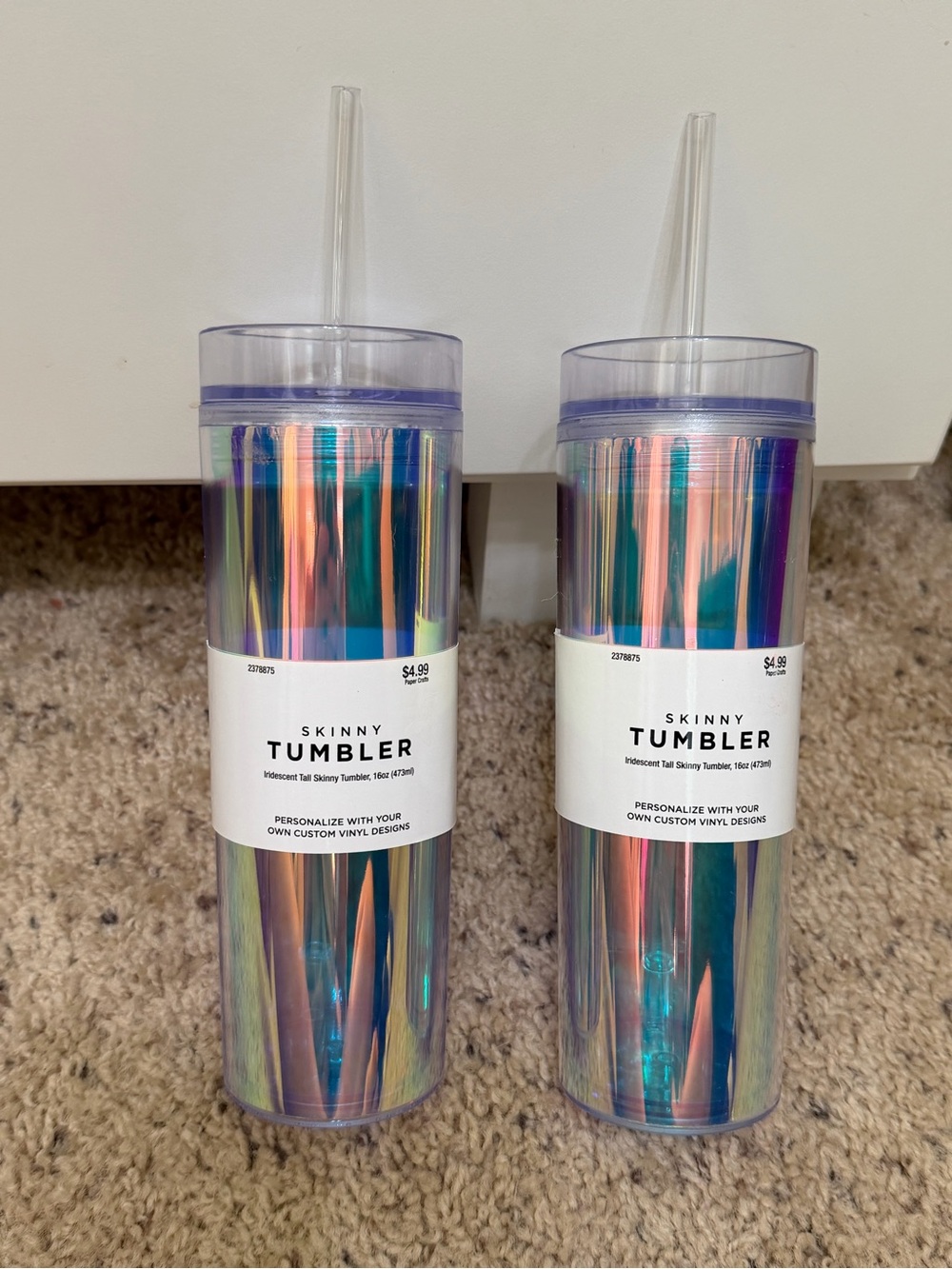 Set of 2- 16 oz Clear/Iridescent Skinny Tumbler Set with Straws